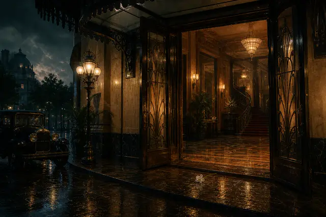 Hotel histórico de noche, escenario de El Hotel Orquídea