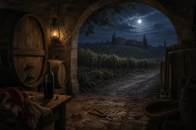 Viñedo al anochecer, escenario de Vendimia de sangre